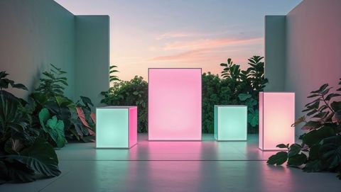 Illuminated Pastel Prisms on Minimalist Terrace at Dusk
