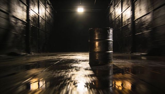 Solitary Rusted Oil Barrel Reflecting Overhead Light on Wet Industrial Corridor Floor
