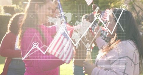 Middle-Aged Women Celebrating and Holding US Flags and Drinks with Data Graph Overlay