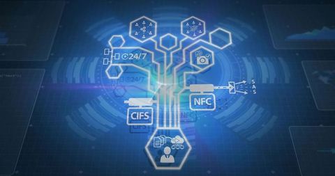 Futuristic network technology and data interface diagram
