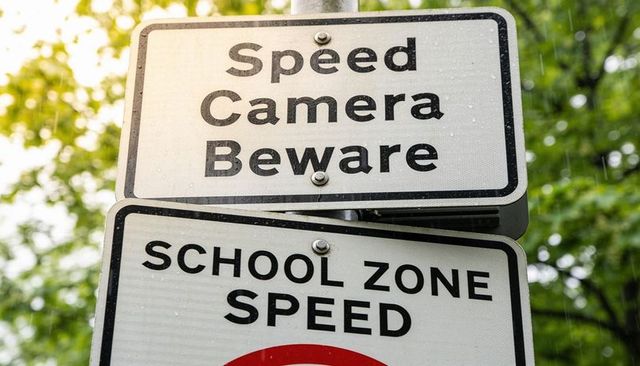 Speed camera beware and school zone speed signs warning drivers in rainy suburban road