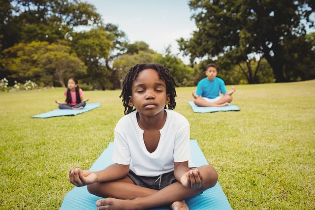 Children sitting on yoga mats in a park, practicing meditation. Ideal for promoting fitness, wellness, yoga classes for kids, mindfulness education, and healthy lifestyle content.