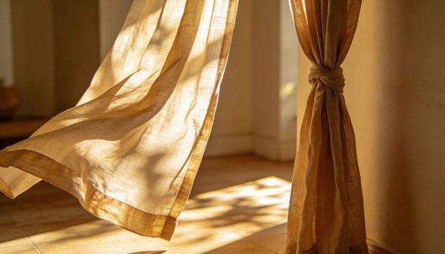 Sunlit Linen Curtain Billowing with Knotted Tieback and Warm Shadow Play