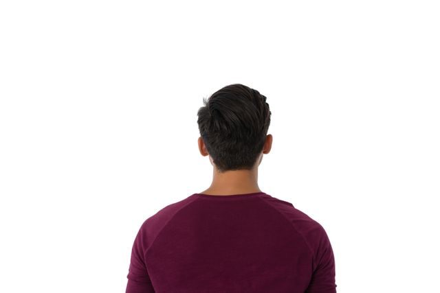 Man standing with back facing camera against white background. Ideal for concepts of solitude, anonymity, and simplicity. Useful for advertisements, presentations, and articles focusing on themes of individuality, contemplation, or minimalism.