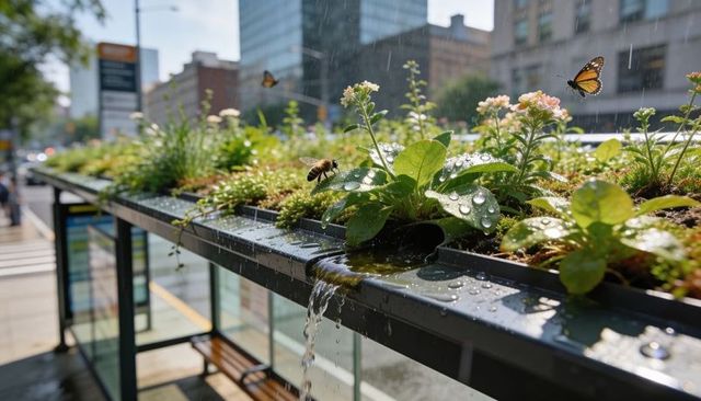 Urban green roof shedding rainwater over bus shelter with bee and butterflies in downtown