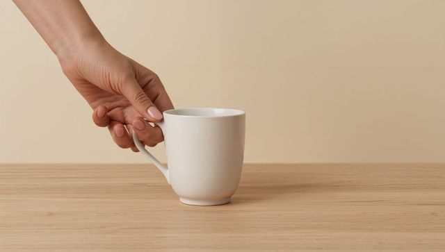Hand Holding White Ceramic Mug on Wooden Table