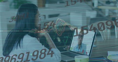 Female Professional Video Conferencing with Business Data Overlay