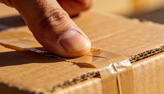 Thumb pressing clear packing tape on corrugated cardboard seam closeup for shipping