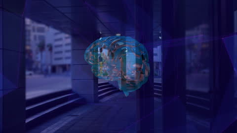 Digital Brain Hologram Hovering Over Cityscape at Night