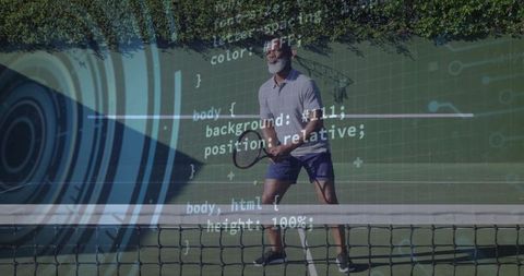 Athletic man on tennis court blends sports with digital code graphics