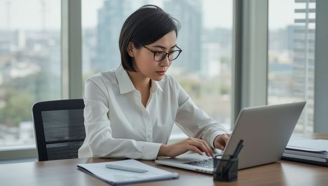 Asian Woman Using Laptop at Modern Highrise Office Desk