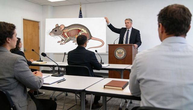 Government presenter displaying rat anatomy chart during scientific briefing at podium