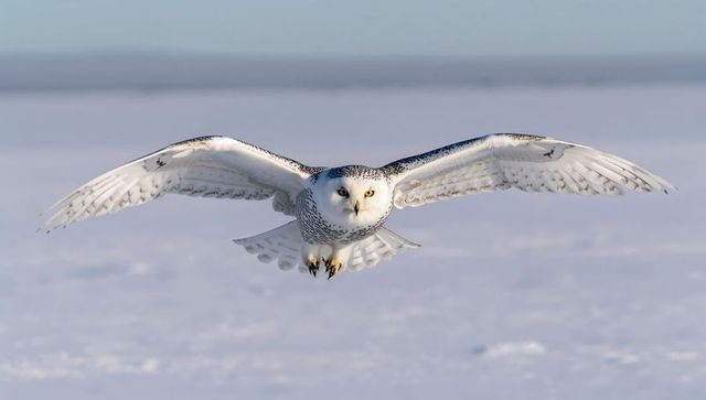 Snowy owl gliding low over arctic snowfield with outstretched wings and yellow eyes