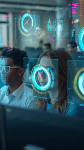 Reticle Locking Onto Woman Wearing Glasses in Lab While Team Collaborating with AR HUD