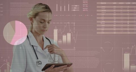 Caucasian Nurse Analyzing Medical Data on Tablet