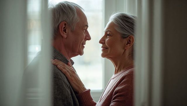 Senior couple gazing and holding close by window with sheer curtains and soft light