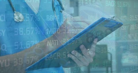 Doctor Writing on Clipboard with Digital Finance Data Overlay