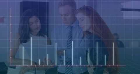 Team Analyzing Data with Overlay Bar Chart in Modern Office