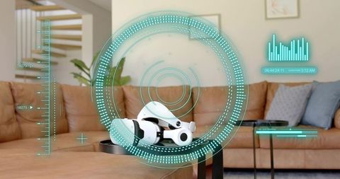 White vr headset projecting futuristic teal hud on living room coffee table