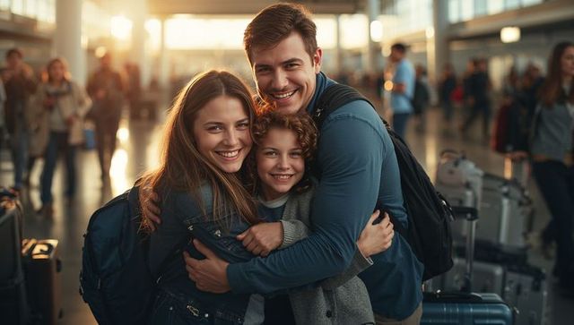 Smiling family embracing at airport with suitcases and backpacks, sunlit travel reunion