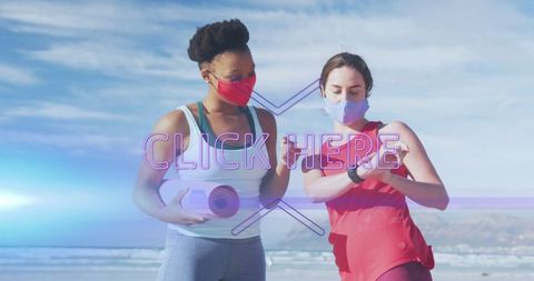 Active Women with Yoga Mat on Beach Checking Smartwatch