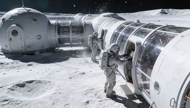 Astronaut inspecting lunar habitat module hatch during EVA on moon outpost surface