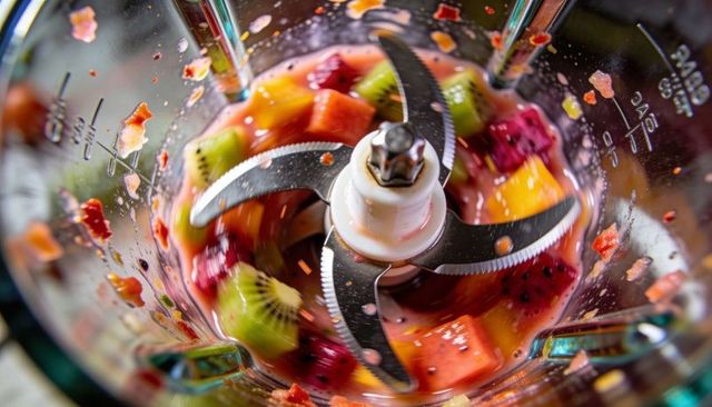 High-speed blender chopping kiwi, mango, pitaya for vibrant smoothie with motion blur