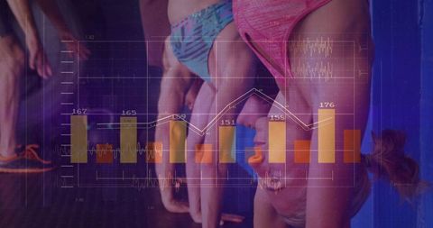 Four athletes performing handstands against blue wall with overlaid fitness data charts