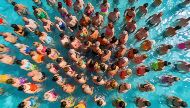 Adults gathering in turquoise pool for group water exercise and leisure