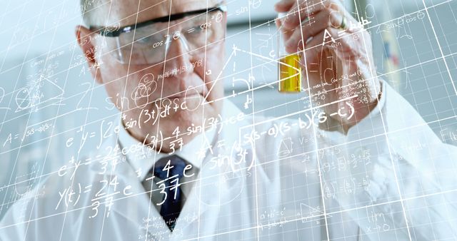 Image of mathematical equations on caucasian male scientist holding a vial bottle at laboratory - Download Free Stock Photos Pikwizard.com
