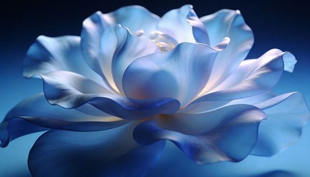 Pale blue rose blooming with translucent iridescent petals and soft gradient lighting