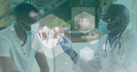 Doctor presenting vaccine vial to patient during masked consultation with telehealth overlay