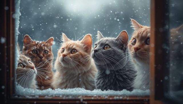 Curious Cats Gazing Through Frosted Window in Snowy Winter Scene