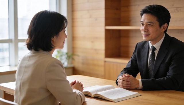 Two professionals having business interview at wooden office table with open notebook