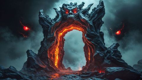Ominous demonic portal in volcanic wasteland fantastical scene