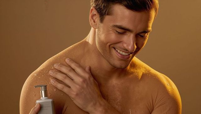 Smiling man applying moisturizer to shoulder with pump bottle, closeup skincare routine