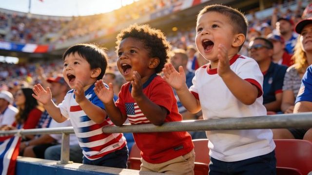 Cheering diverse children wearing red white blue apparel in stadium crowd waving flags