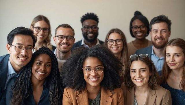 Smiling diverse corporate team posing together with confident woman leader in foreground