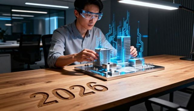 Architect with ar goggles examining holographic city model for smart urban planning 2026