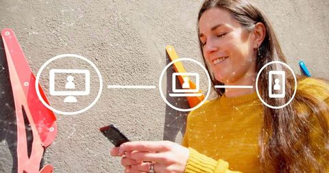 Woman Using Smartphone with Digital Network Icons Overlay