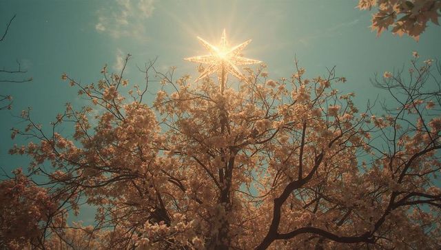 Shimmering star atop blooming blossom tree in serene garden setting