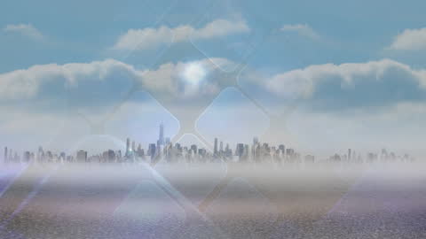 Futuristic Cityscape with Hexagonal Overlay Symbolizing Technology