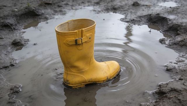 Yellow rubber rain boot standing in muddy puddle with ripples and outdoor texture