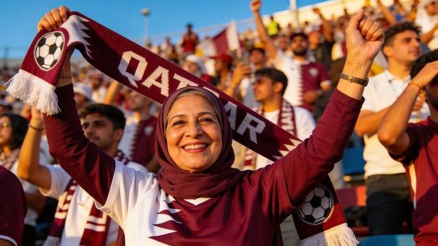 Cheering qatari woman raising maroon qatar scarf, celebrating football victory in stadium