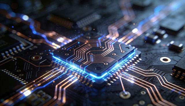 Glowing AI Microchip Emitting Neon Blue Traces on High-Tech Circuit Board