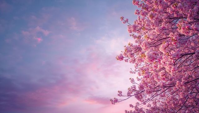 Cherry blossom branches reaching across pastel dawn sky with pink petal clusters glow