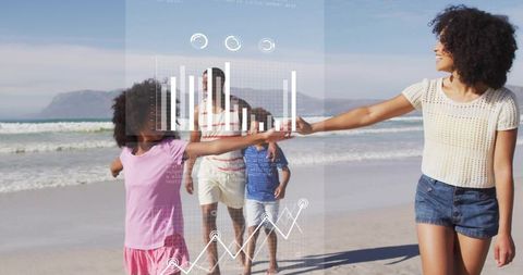African american family walking on beach with augmented reality data overlays and charts