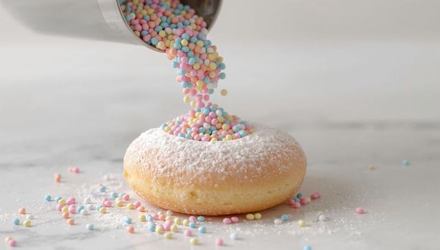 Pouring Pastel Nonpareils Over Powdered Donut on Marble Surface Minimal Bright Dessert