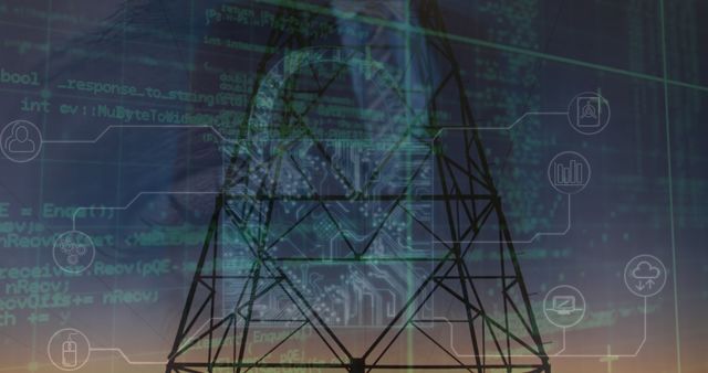 Digital Network Security Interface on Transmission Tower with Code Overlay - Download Free Stock Images Pikwizard.com