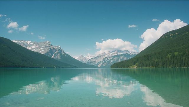 Clear Turquoise Lake Reflecting Mountains and Clouds in Forest